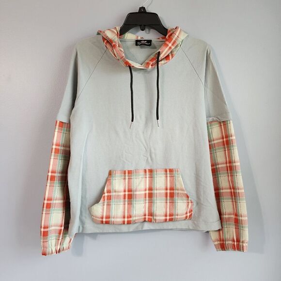 Light Green Pullover Hoodie with Plaid Front Pockets & Sleeve (NWOT) - Picture 1 of 13